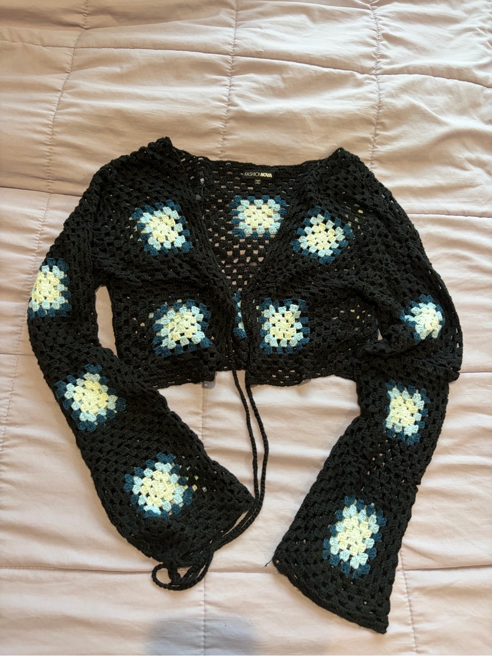 Fashion Nova Black Crochet Cardigan with Blue & Cream Squares Knitted Medium